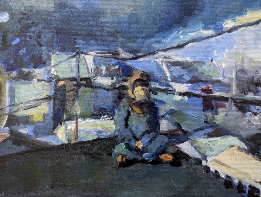 Self On Roof, Oil on linen, 12×9 in, 2023, by Soraya Hutchinson