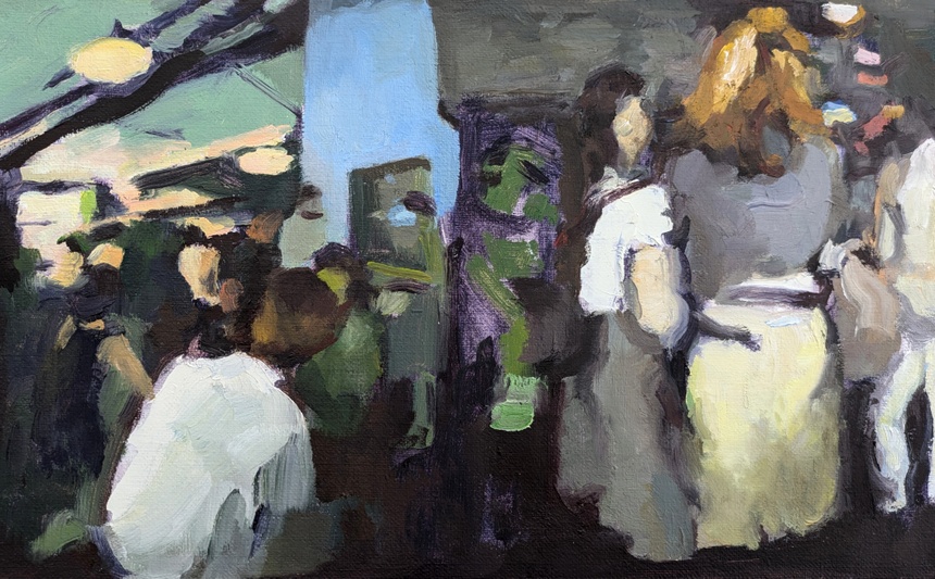 A Social, Oil on linen, 9×15 in, 2024, by Soraya Hutchinson